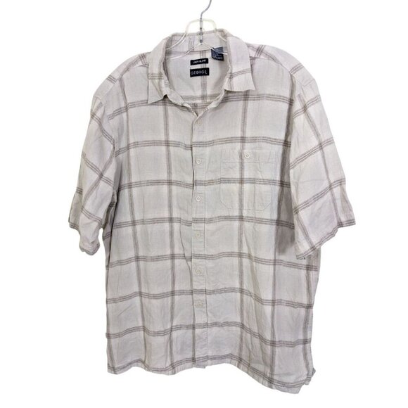George Shirt Linen Blend Shirt Men Size XL Beige Check Short Sleeve Button Front - Picture 1 of 3